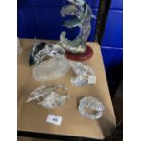 Crystal and Glass: Dolphins on circular base, assorted dolphins, Swarovski oyster shell and pearl,