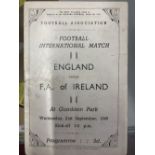 Football: England v Ireland football programme, 21-9-1949, the first time a foreign team had