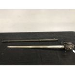 Edged Weapons: 19th cent. Officer's sword and scabbard by Pillin of Gerrard St. Wire bound grip with