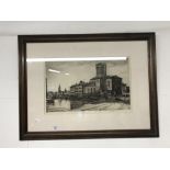 19th cent. Robert Smart (1881 - 1947): Etching, dockside with building and figures. Signed in