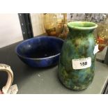 Art Pottery: Clews Chameleon ware royal blue bowl. 7ins. Plus a green ground chameleon vase. 6ins.