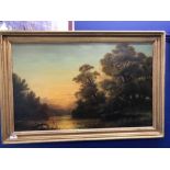 19th cent. J F Danby: Oil on canvas 'River at Sunset', label on verso J.F. Danby. 36ins. x 24ins.