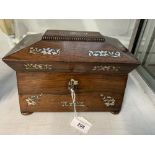 19th cent. Rosewood sarcophagus, two compartment tea caddy, inlaid with mother of pearl, rising