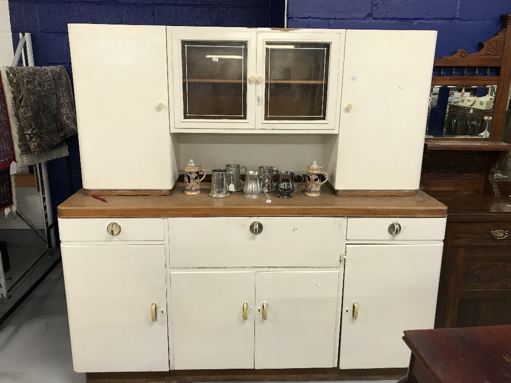 Art Deco: 1930s German 'Beka' kitchen cabinet with glazed top section above three drawers, centre