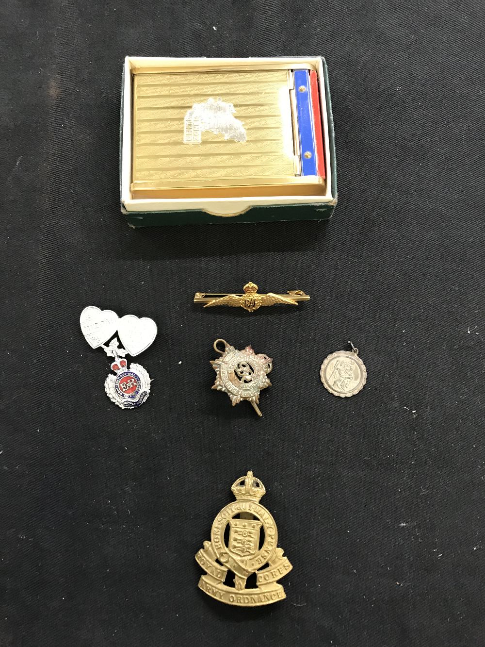 Badges: Royal Ordinance Corps, Army Service Corps, yellow metal RAF sweetheart badge, Royal