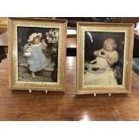 19th cent. Crystoleums: Child in a blue dress and mop cap playing with puppies, signed left hand