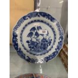 19th cent. Chinese export plate, blue & white decorated central panel tree with scholars items and