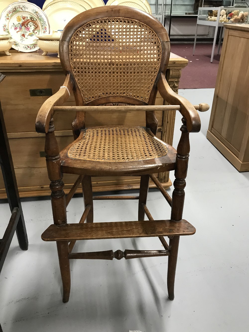 Late 19th century, Beech & Rattan, hoop back child's high chair. 36" high