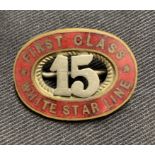 WHITE STAR LINE: First-Class oval enamel Steward's badge. 1½ins.