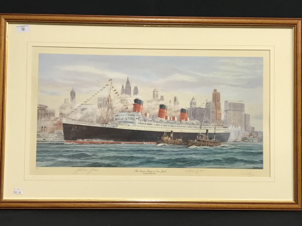 OCEAN LINER: Limited edition print "The Queen Mary at New York" 381 of 850, signed by Captain