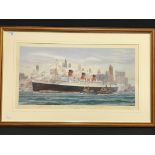 OCEAN LINER: Limited edition print "The Queen Mary at New York" 381 of 850, signed by Captain