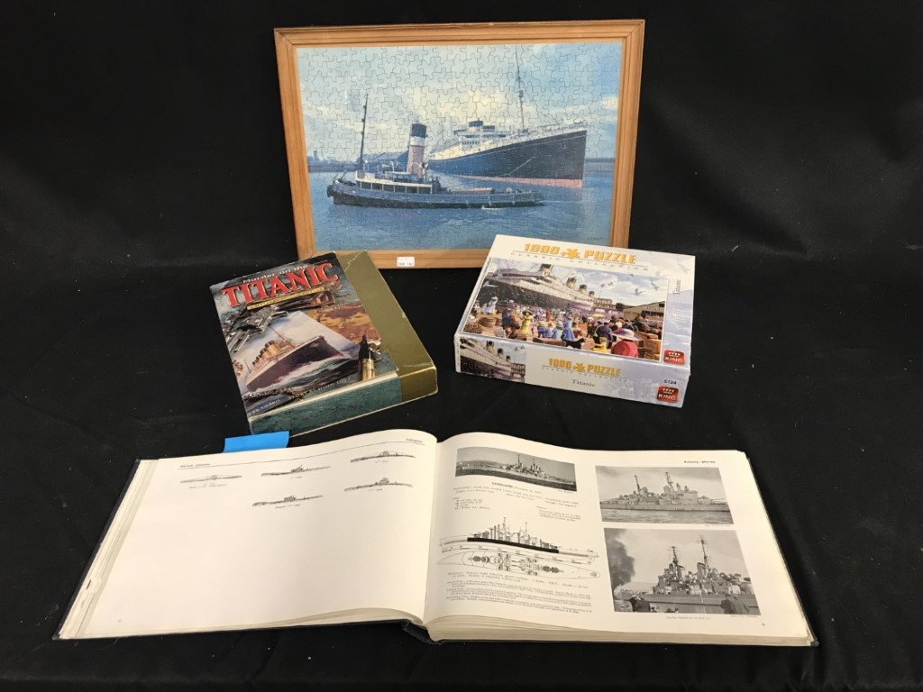 SHIPS: Mixed lot to include "Janes Fighting Ships 1946-47", two Titanic puzzles, one framed and