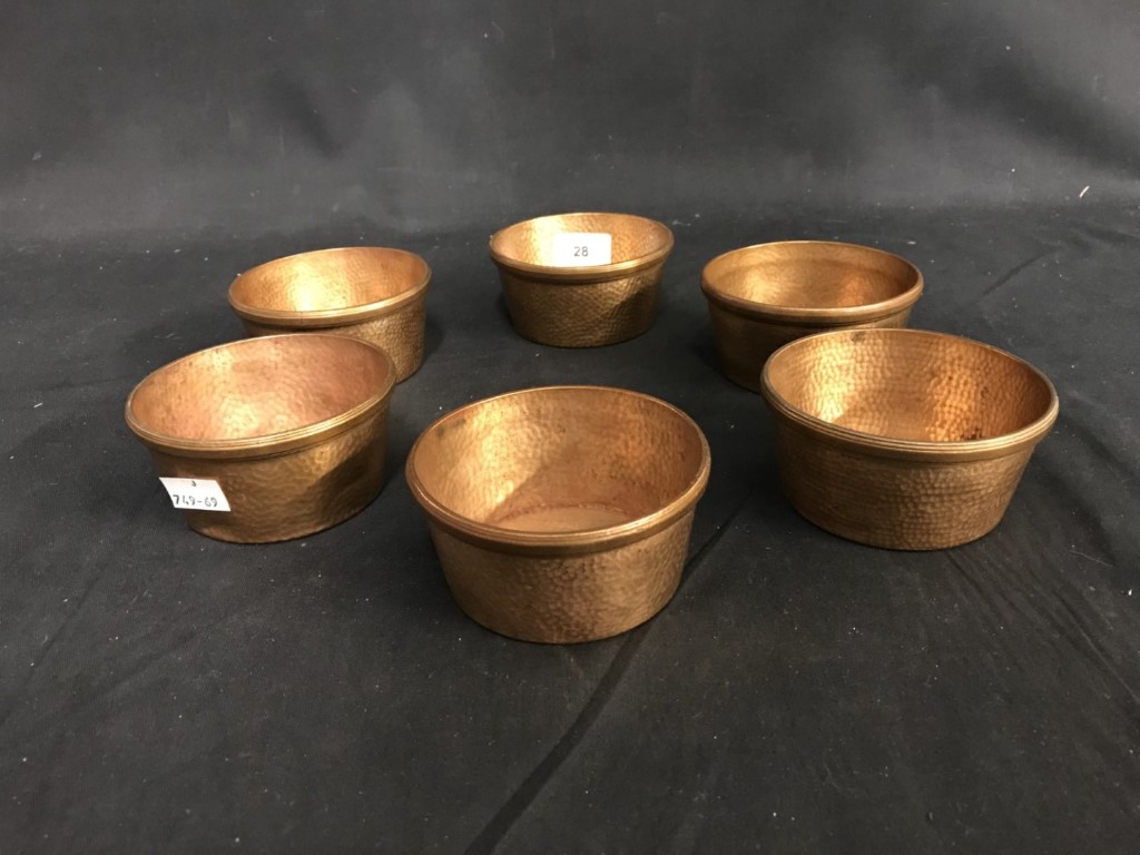 R.M.S. QUEEN MARY: Set of six beaten copper art deco finger bowls marked Cunard White Star to