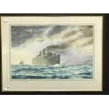 CUNARD: "Queen Mary" in war paint watercolour by David Brown. Framed 13ins. x 20ins.