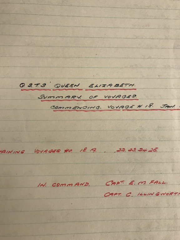 CUNARD: Hard bound volume titled "Queen Elizabeth" commencing voyage 18, running to voyage 68. The