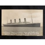 R.M.S. TITANIC: Beken of Cowes real photo postcard of Titanic at sea.