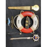 OCEAN LINER: Mixed collection of Queen Mary shipboard souvenirs including enamel and plated items (