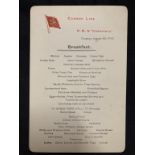 CUNARD LINE: R.M.S Carpathia First-Class breakfast menu, Tuesday 20th August 1912. Mauretania