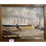 R.M.S. TITANIC: 20th century English school oil on board of Titanic from what appears to be the