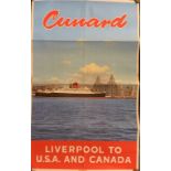 CUNARD: Agent's promotional poster for Cunard with the Liverpool skyline behind, advertising