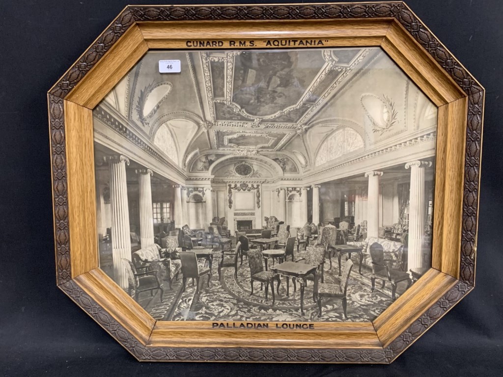 OCEAN LINER: Rare Cunard Aquitania octagonal agent's print depicting the Palladian Lounge in sepia