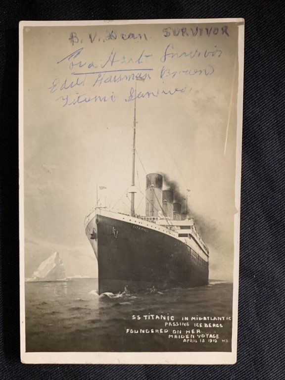 R.M.S. TITANIC: Rare photo postcard of the Titanic superimposed onto an iceberg scene with message