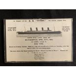 R.M.S. TITANIC: Debenham of Cowes post-disaster Titanic in memoriam card.