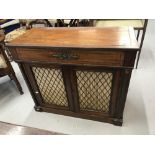 19th cent. Brass inlaid mahogany chiffonier, two linen backed doors with brass fretwork