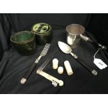 19th cent. French silver campaign picnic set - comprising cup with turned treen handle, folding