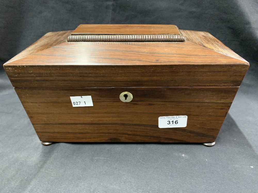 19th cent. Walnut tea box with brass bound decoration, plus a 19th cent. rosewood sarcophagus