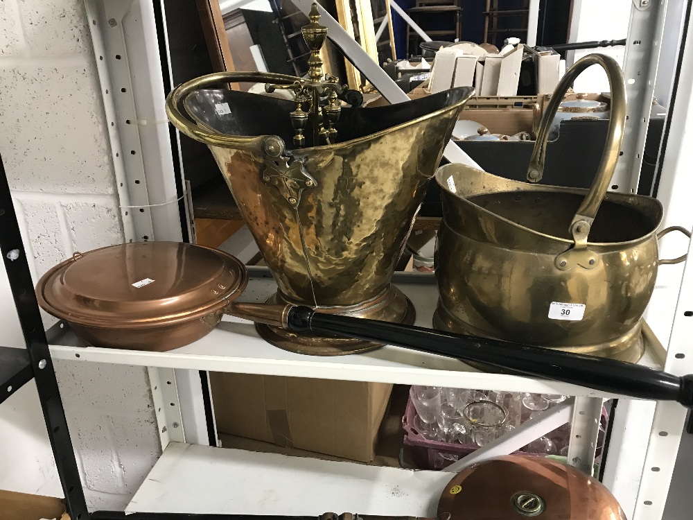 Metalware: Victorian brass coal scuttle plus one other, copper warming pan, companion set, etc. - Image 2 of 2