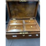 19th cent. Mahogany games box, boxwood inlay. The interior has four sections for gaming pieces.