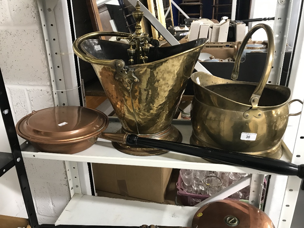 Metalware: Victorian brass coal scuttle plus one other, copper warming pan, companion set, etc.