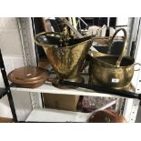 Metalware: Victorian brass coal scuttle plus one other, copper warming pan, companion set, etc.