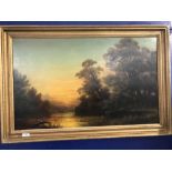 19th cent. J F Danby: Oil on canvas 'River at Sunset', label on verso J.F. Danby. 36ins. x 24ins.