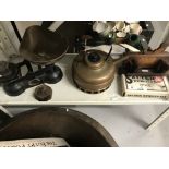 Kitchenalia: Salters iron and brass kitchen scales, with a box of Salters Imperial weights. Plus a