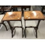 19th cent. Walnut aesthetic side tables with pierced fretwork legs and stretchers - a pair. 15ins.