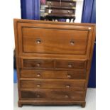 20th cent. Chinese hardwood furniture. Secretaire, full front, fitted interior, 2 over 3 drawers