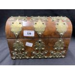 19th cent. Brass bound burr wood ladies dome top letter box/rack with purple plush interior. 9½ins.