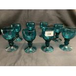 Glassware: 18th/19th cent. Set of eight Bristol blue/green rummer's with stem decoration. 4ins.