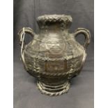 Japanese Bronze: Two handled vase, strap work design, stylised bamboo handles, unsigned