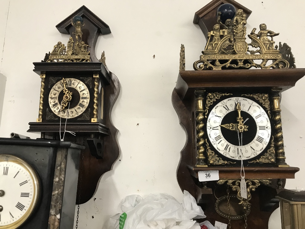 Clocks: 20th cent. Dutch chain driven wall clock with brass decoration, plus a second smaller