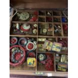 Toys - Meccano: Mahogany box of play worn including blue, red, gold & green, numerous tins marked