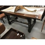 18th cent. Oak refectory table, three plank top with turned supports and heavily worn "H" stretcher.