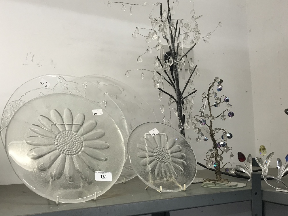 20th cent. Glass: Crystal trees, 22ins with oval droplets, 11ins. with circular droplets on mirror