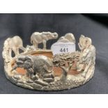 Patrick Mavros Hallmarked Silver: Wine coaster "Elephant Family". Diameter 5ins. 22oz inclusive -