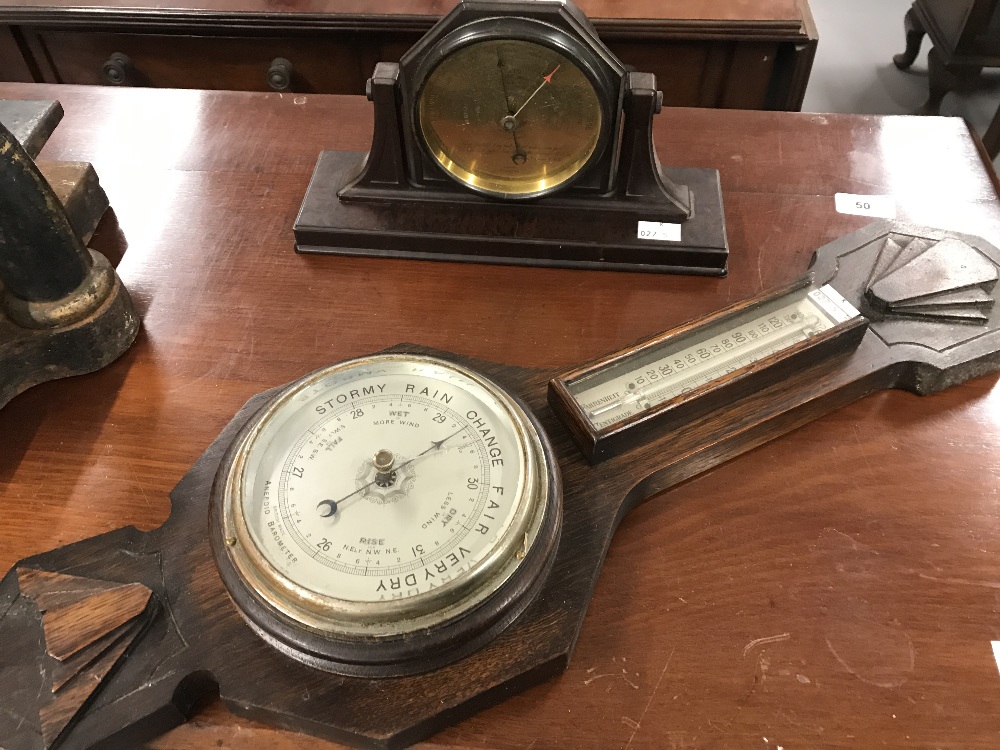 Scientific Instruments: Cooper of Worcester brass faced bakelite desk barometer plus an oak wall - Image 2 of 2