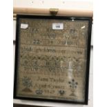 19th cent. Sampler. Alpha/numeric. (Jane Taylor aged 6 years 1849).