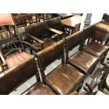 1940s Pre-war oak dining chairs with brown leather seats and backs, 4 chairs plus 2 carvers. (Plus
