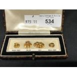 Jewellery: Early 20th cent. Yellow metal dress studs, in fitted case. Marked 9ct. B.C.M/OP. Five